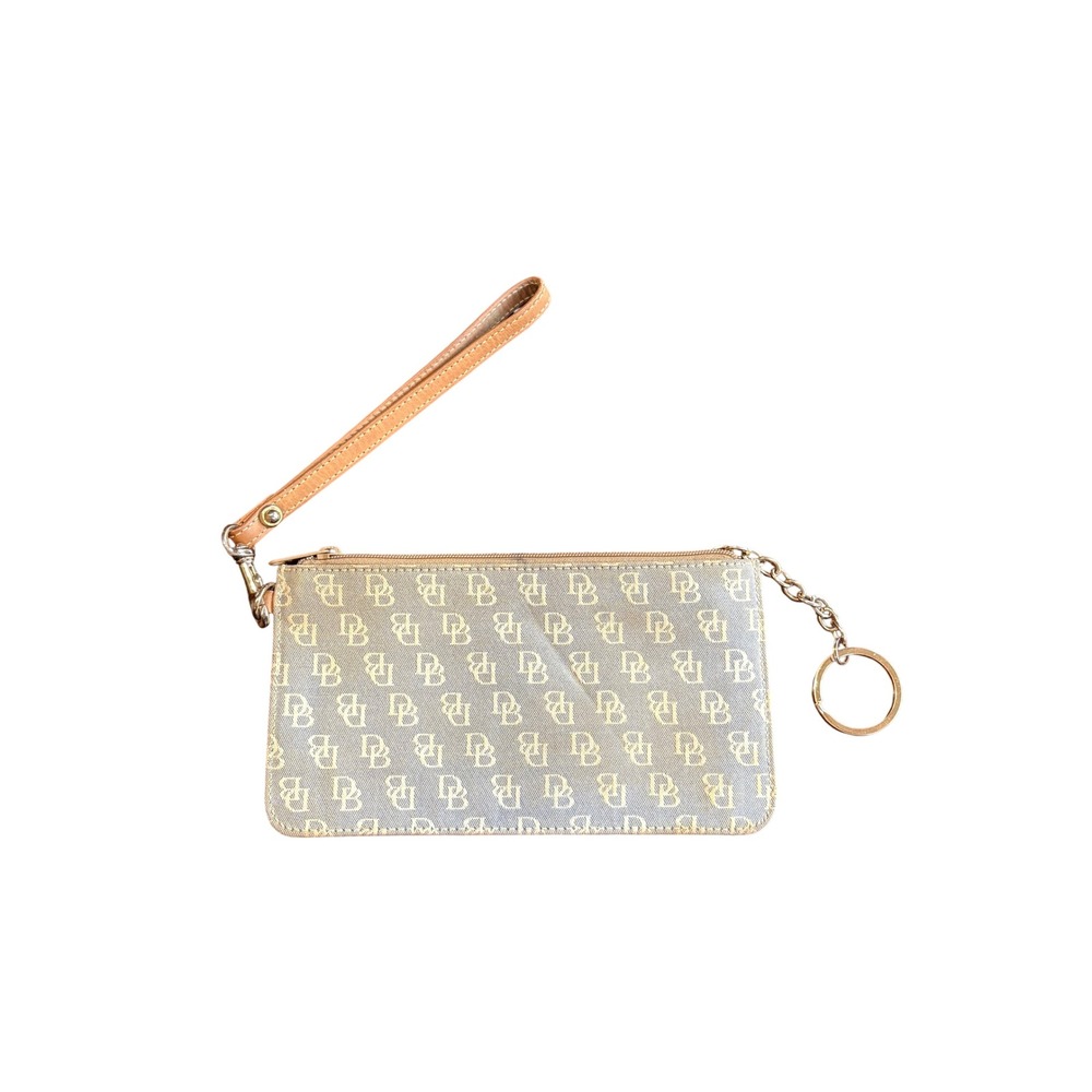 Dooney & Bourke Monogram Wristlet Clutch Tan Cream DB Logo Zip Pouch Keychain